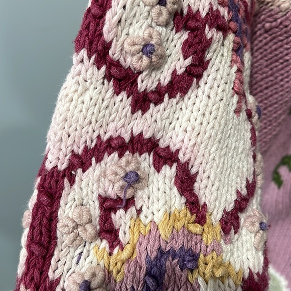 Vintage 1980s-90s hand knit sweater Ramie cotton size M floral pink - Picture 9 of 15